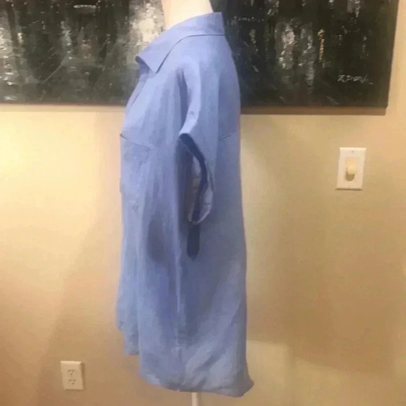 RACHEL ZOE Blue V Neck Collar Button Down 100% Linen Hi-Low Oversized Top - Picture 4 of 13